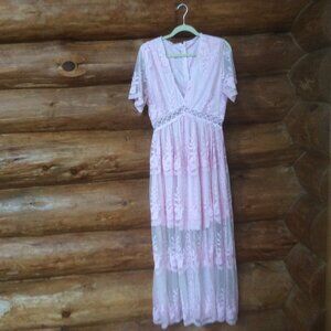 Ecosunny Powder Pink Lacy Mesh Embroidered Babydoll V-neck Maxi Dress Size XL
